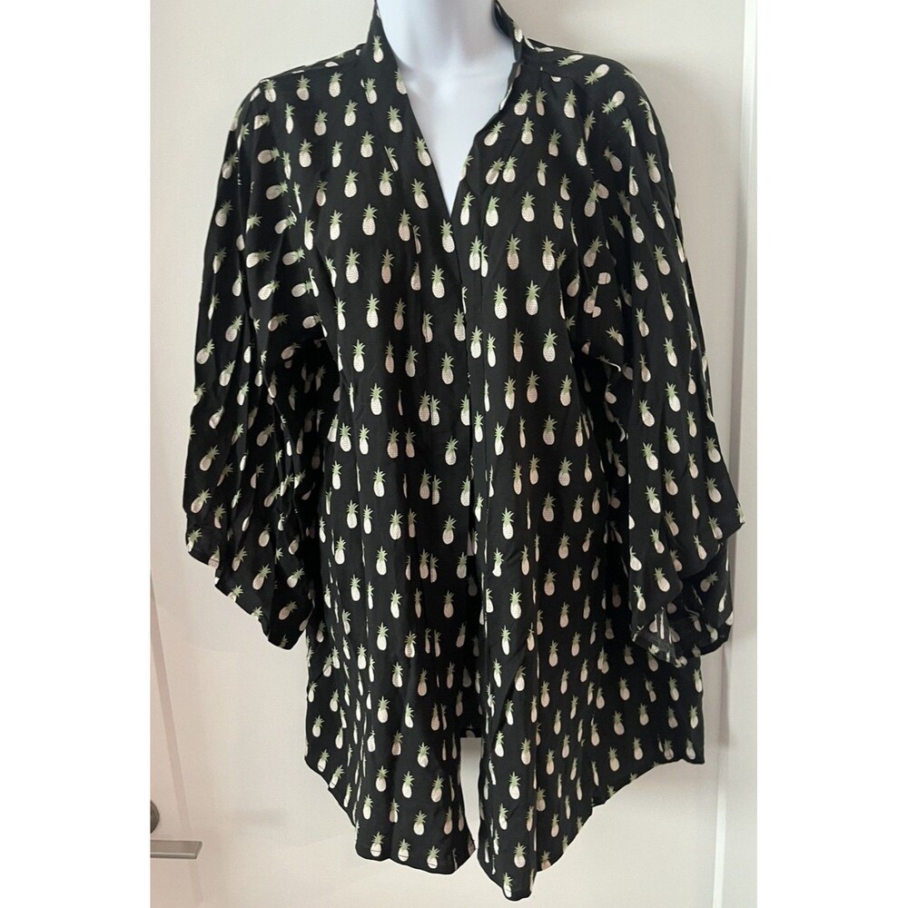 Kenny Flowers Island Rayon Kimono Swim Coverup Black w/ Pineapples Size S NWT!